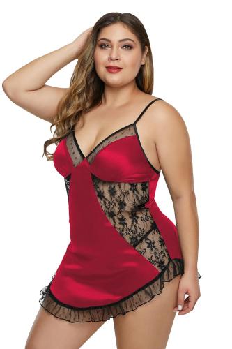 Red Mesh Satin Ruffled Hem Plus Size Lingerie