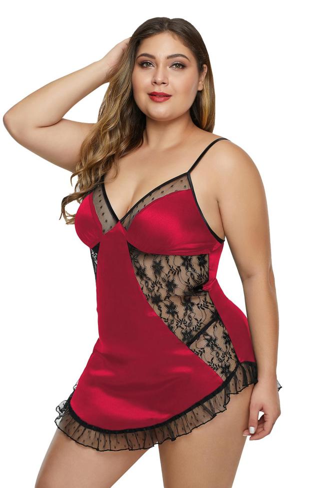 Red Mesh Satin Ruffled Hem Plus Size Lingerie