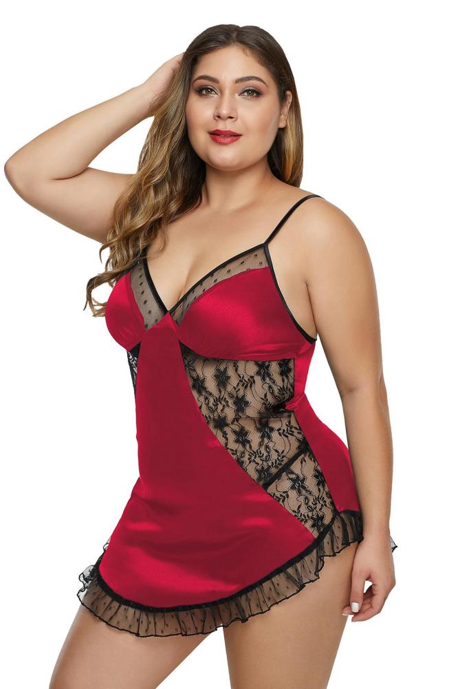 Red Mesh Satin Ruffled Hem Plus Size Lingerie
