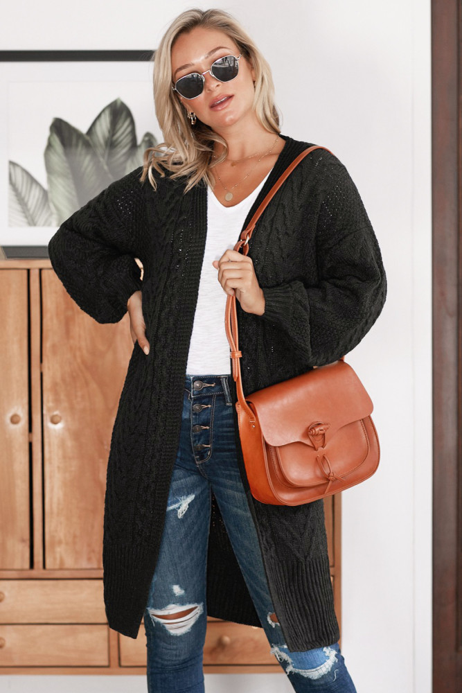 Black Long Front Open Cardigan