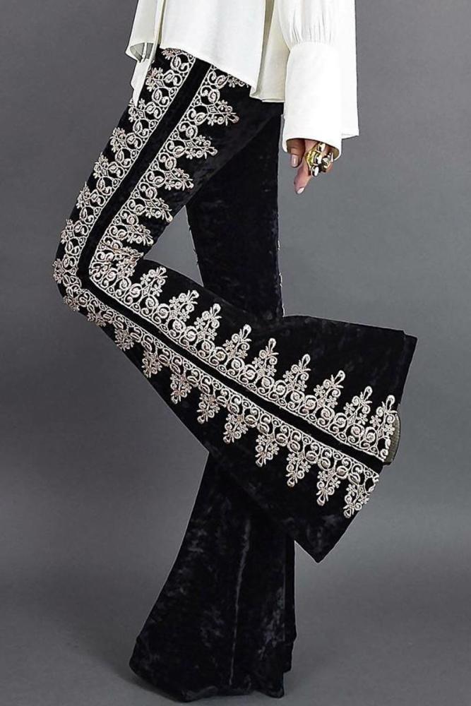 Black Lace Stitching Velvet Flare Pants