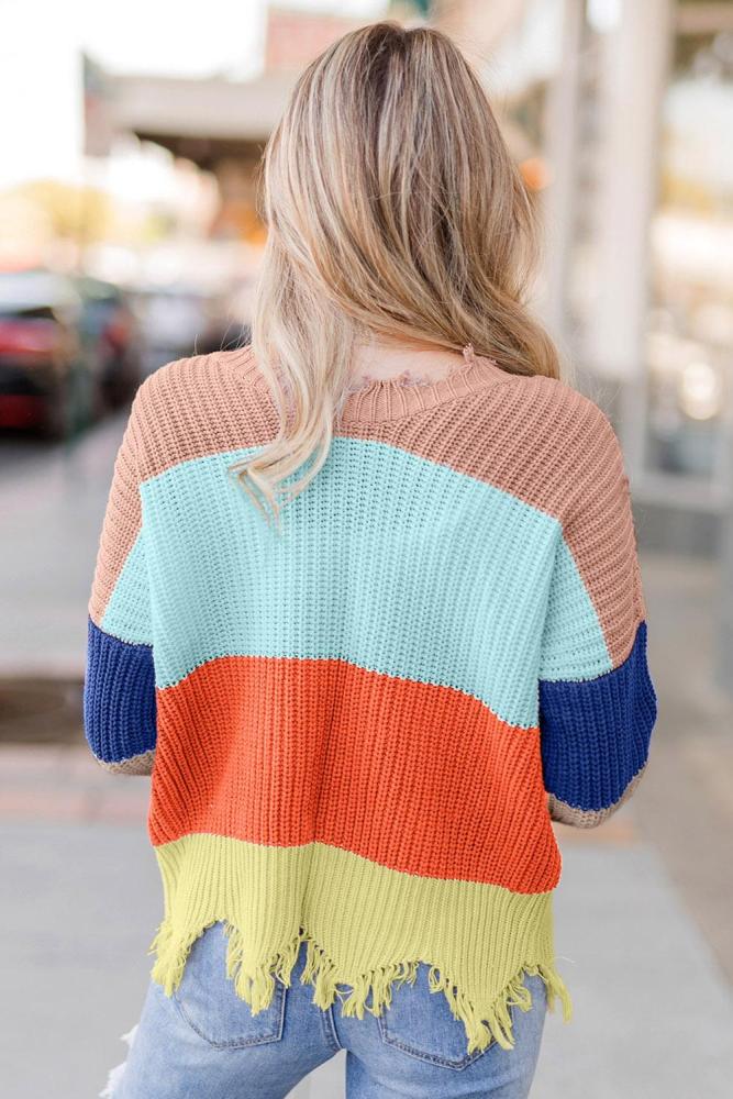 Apricot Colorblock Distressed Sweater