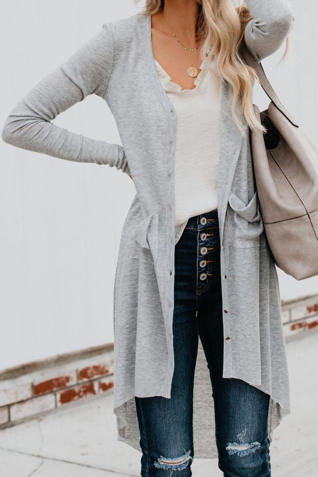 Light Gray Selected Button Down Pocketed High Low Cardigan