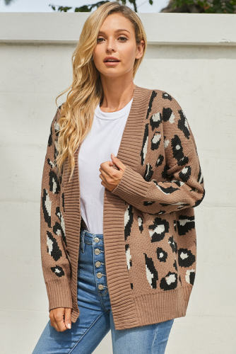Brown Long Sleeves Leopard Print Knitting Cardigan