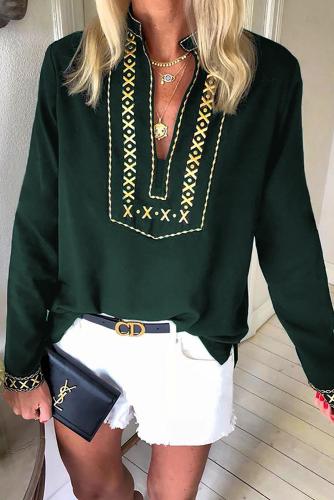 Green Boho Embroidered V Neck long Sleeve Casual Top