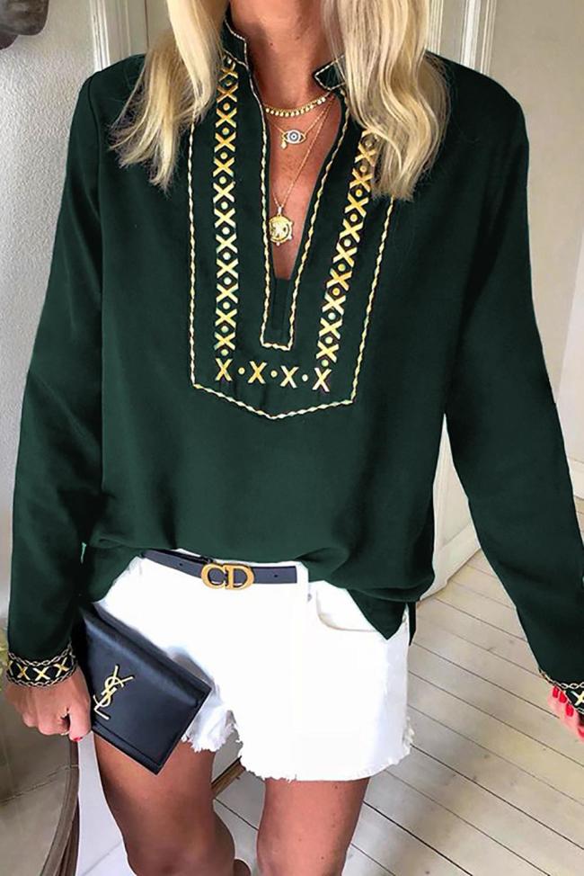 Green Boho Embroidered V Neck long Sleeve Casual Top