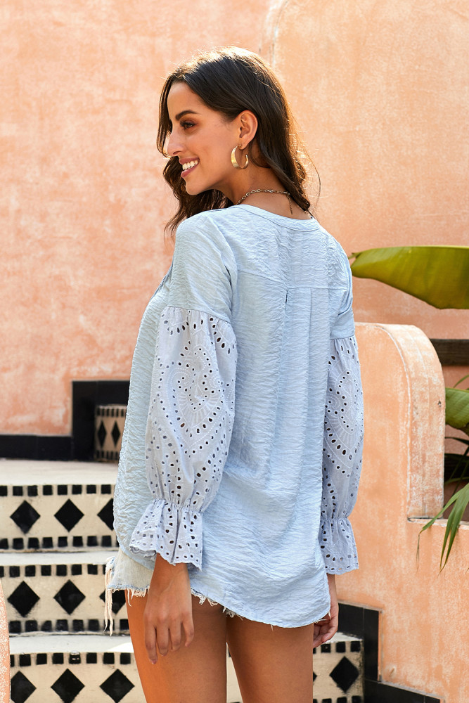 Sky Blue Rekindle Eyelet Button Down Top