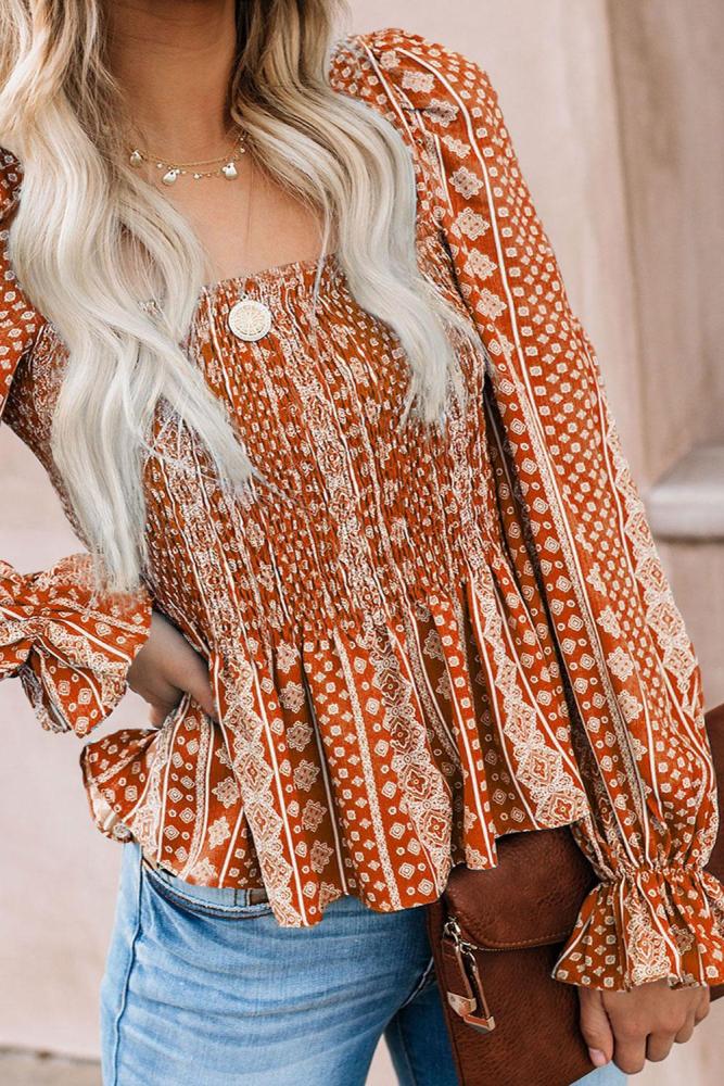 Red Bohemian Print Shirred Bodice Tunic Top
