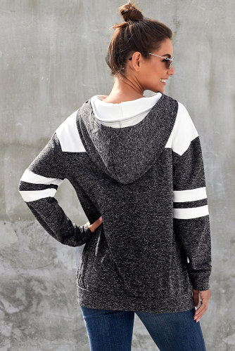 Black Color Block Pullover Hoodie with Pocket