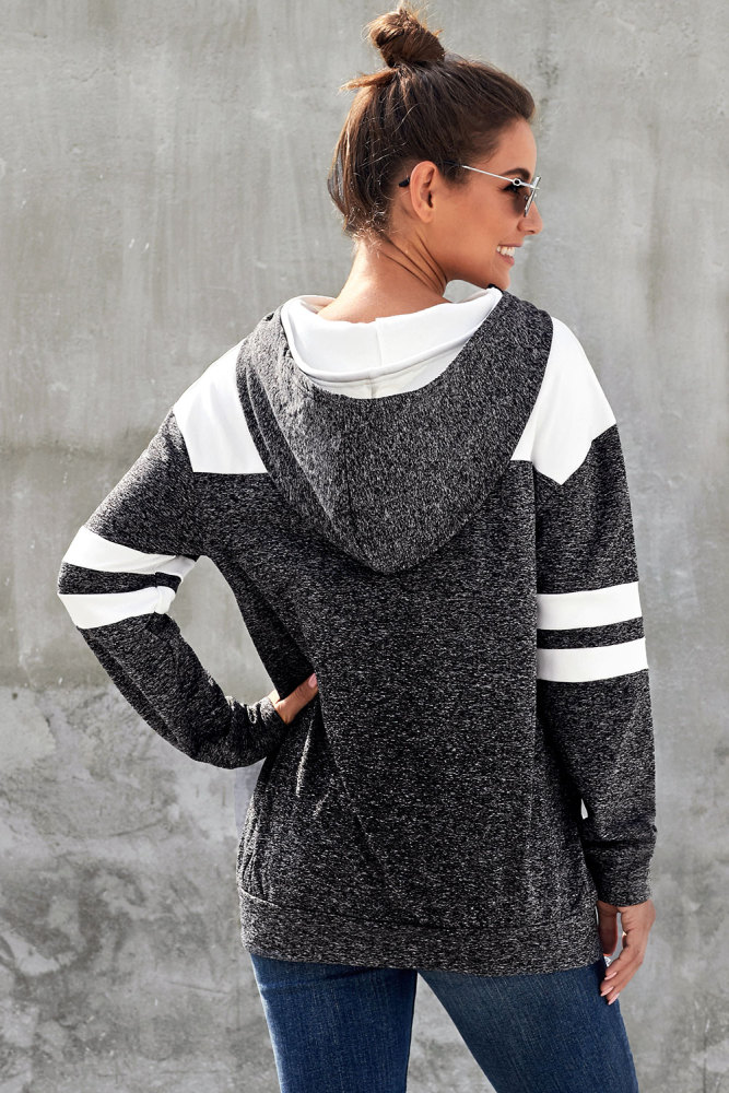Black Color Block Pullover Hoodie with Pocket