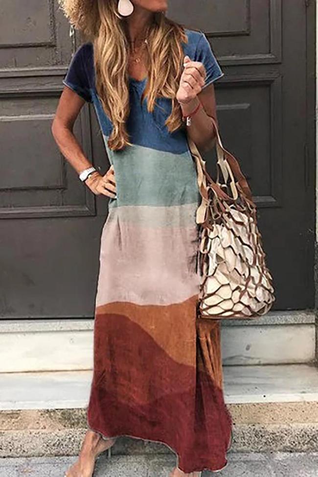 Multicolor Casual Boho V Neck Short Sleeve Maxi Dress