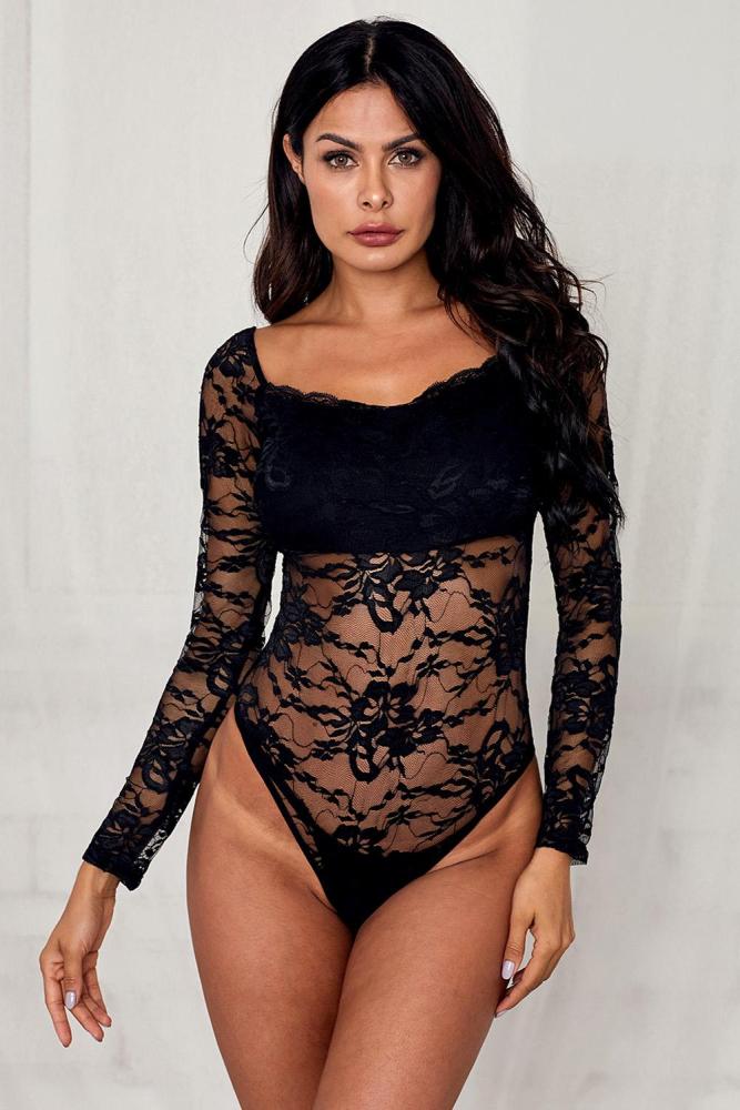 Black Long Sleeve Lace Bodysuit