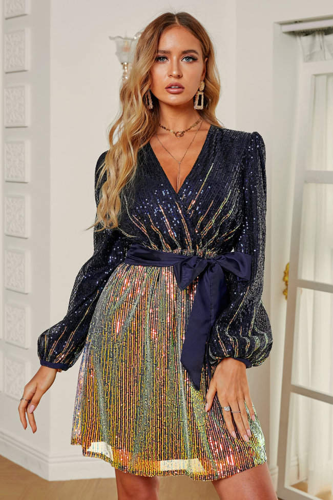 People Be Talking Sequin Long Sleeve Mini Dress