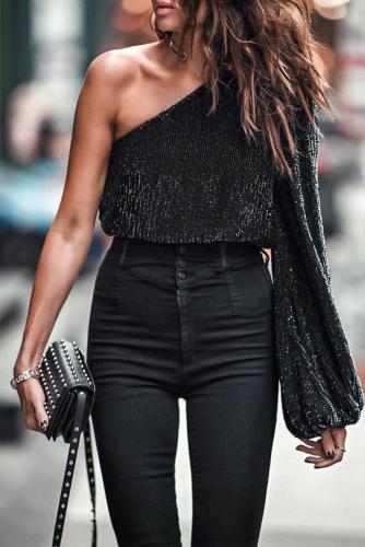 Sequins Tied Backless One Shoulder Blouse