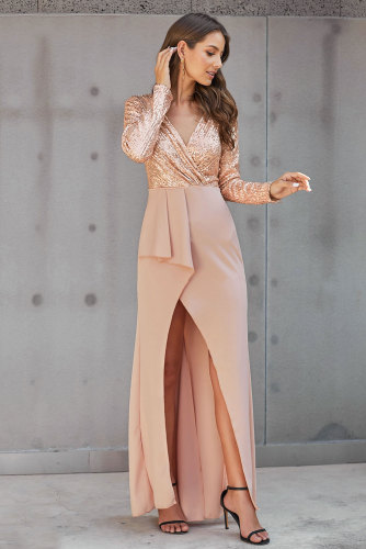Apricot Long Sleeve V Neck Wrapped Sequin Bodice Long Party Dress
