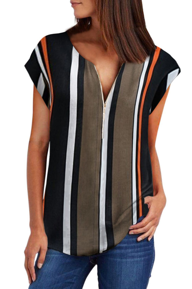 Black V Neck Stripes Roll up Short Sleeve Zip Up Blouse