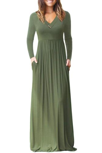 Army Green V Neck Pocket Style Long Jersey Dress