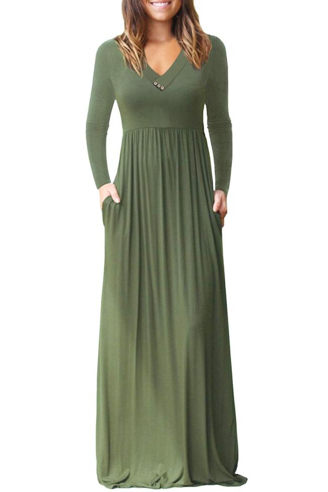 Army Green V Neck Pocket Style Long Jersey Dress
