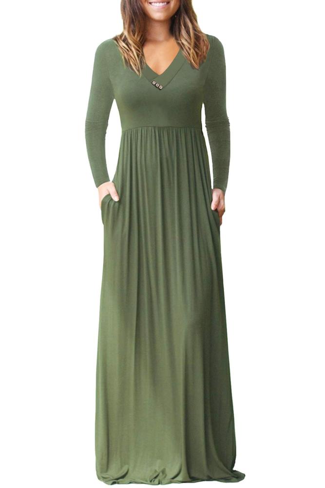 Army Green V Neck Pocket Style Long Jersey Dress