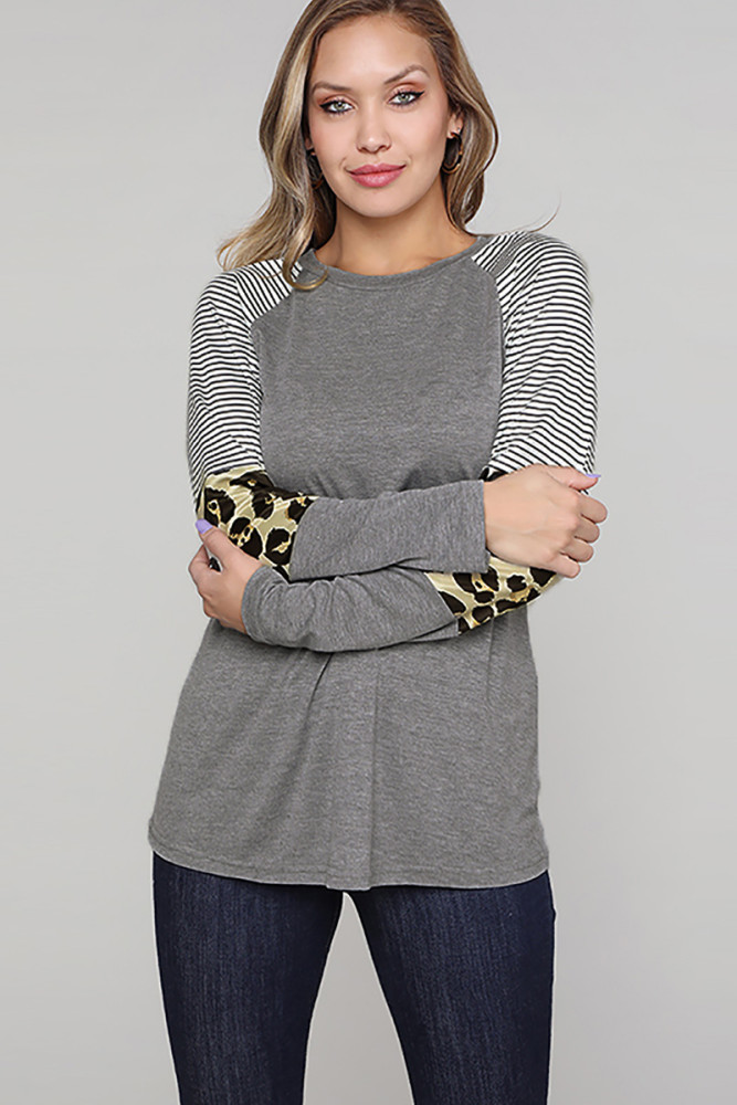 Gray Striped and Leopard Color Block Sleeves Top