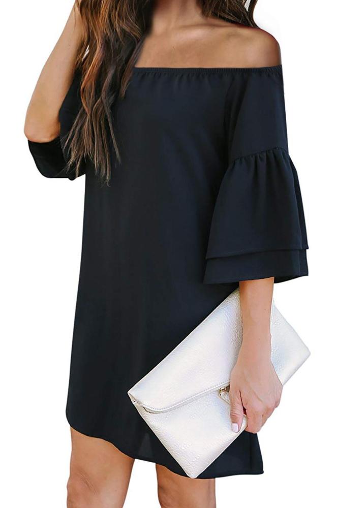 Black Off Shoulder Ruffled Sleeve Shift Dress