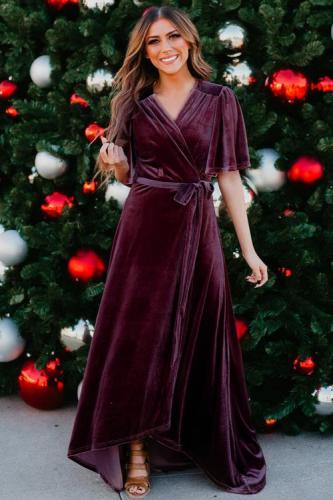 Wine Red Velvet Pleated Wrap Tie Waist Maxi Dress