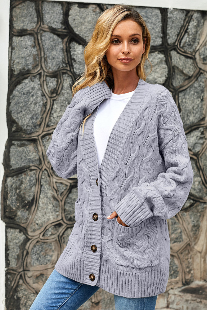 Gray Open Front Button Down Knit Cardigan Coat