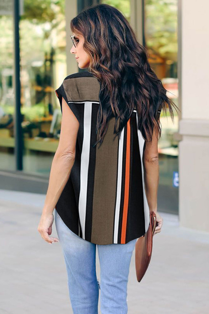 Black V Neck Stripes Roll up Short Sleeve Zip Up Blouse
