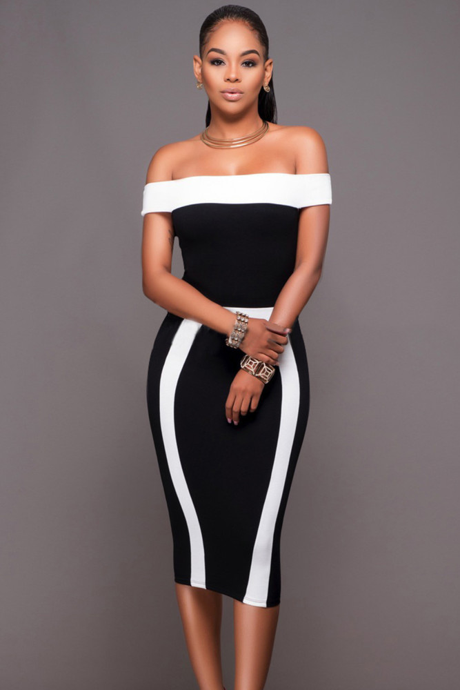 Black White Patchwork Bandeau Boat Neck Off Shoulder Midi Dress