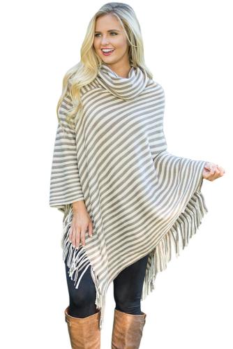 Khaki White Stripes Cowl Neck Poncho Sweater