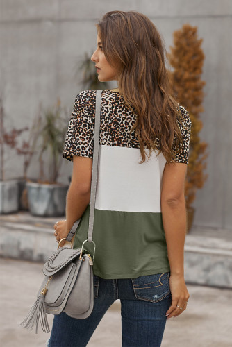 Green Color Block Leopard Tee