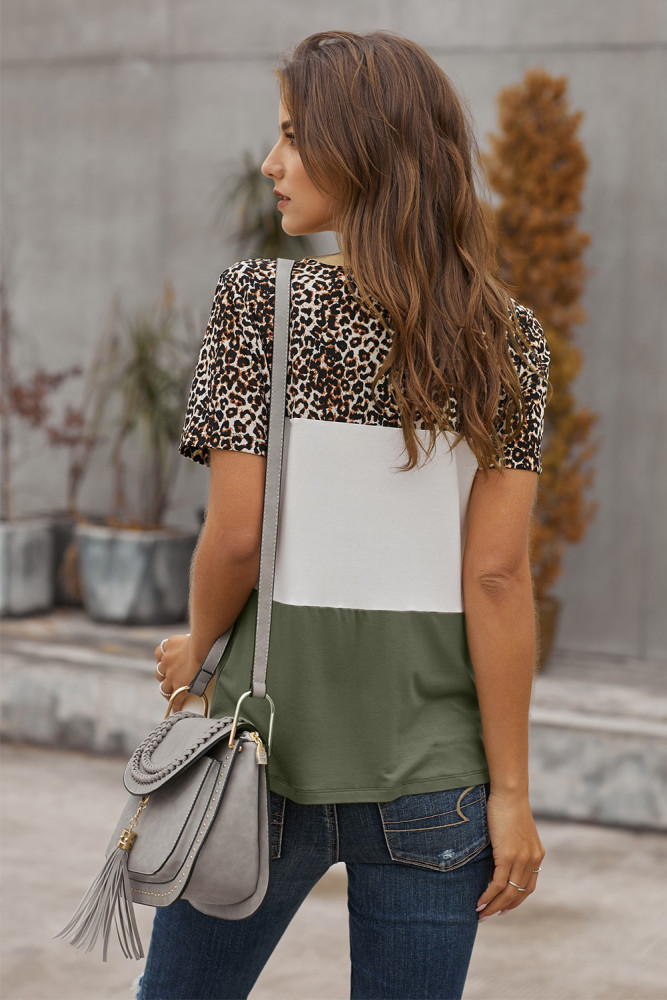 Green Color Block Leopard Tee