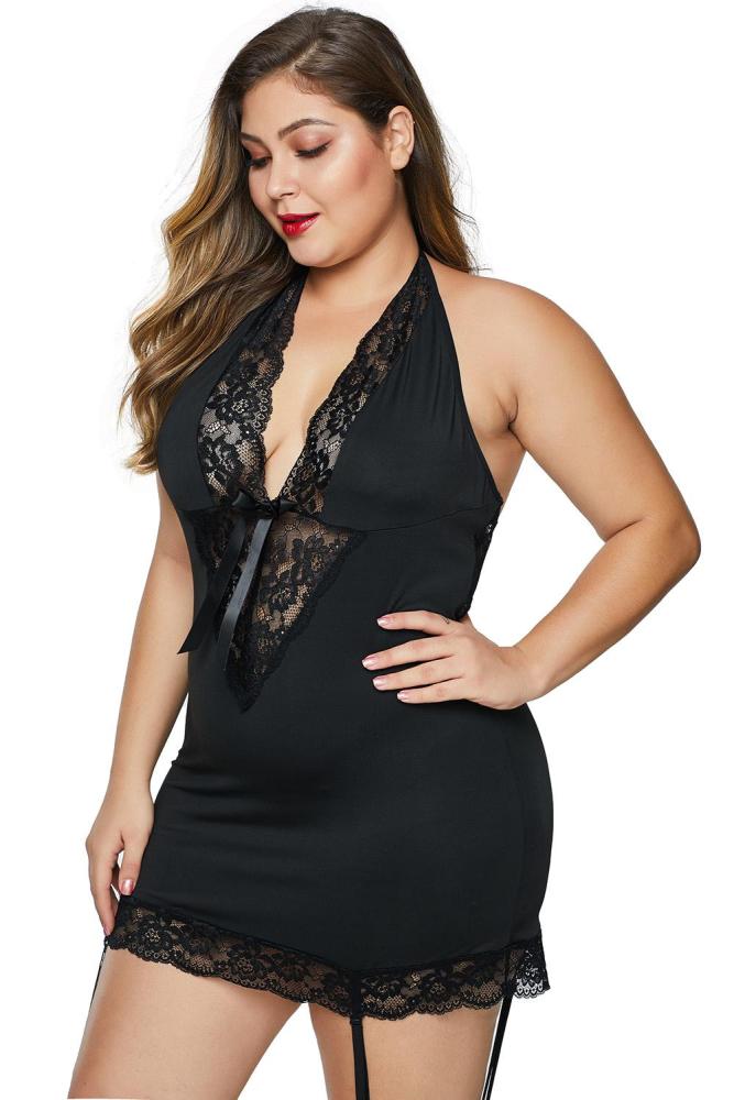 Black V Neck Halter Open Back Plus Size Chemise
