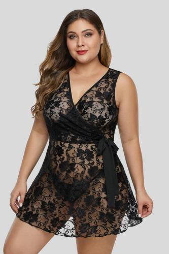 Black Wrap Sash Tie Floral Lace Plus Size Lingerie