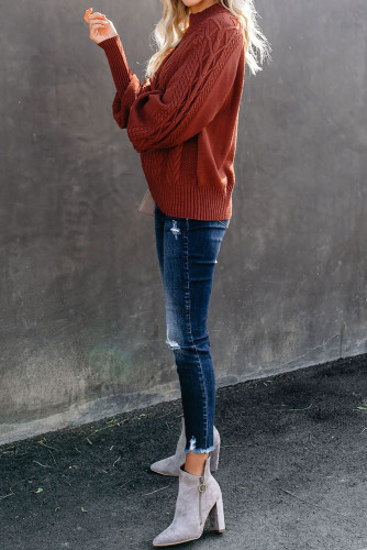 Red Housewarming Cable Knit Balloon Sleeve Sweater
