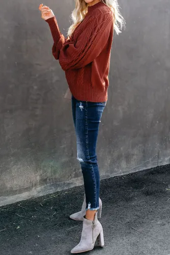 Red Housewarming Cable Knit Balloon Sleeve Sweater