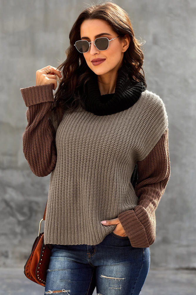 Khaki Long Sleeve Turtleneck Color Block Pullover Knit Sweater