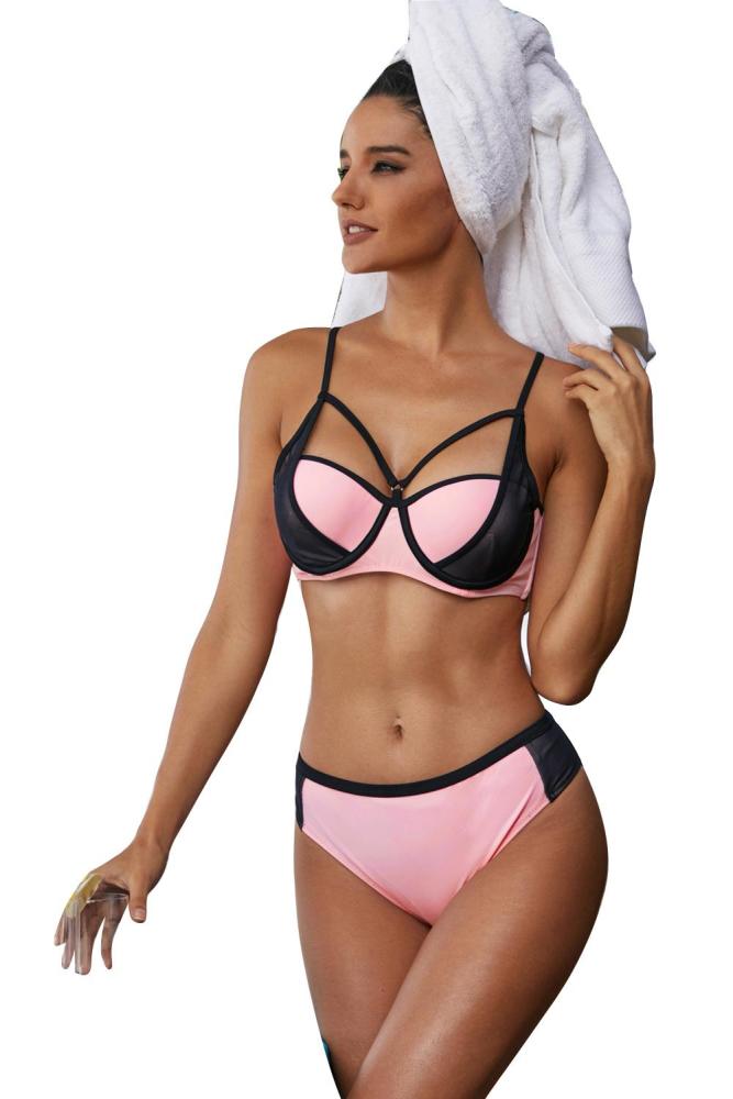 Pink Color Block Strappy Bikini Swimsuit