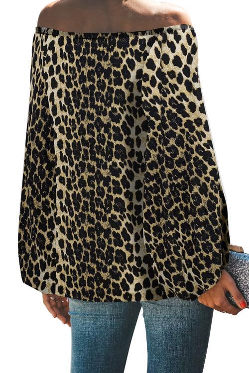 Leopard Print Elastic Neck Off Shoulder Top
