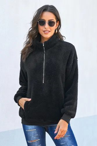 Black Traverse Pocketed Sherpa Pullover Sweatshirt
