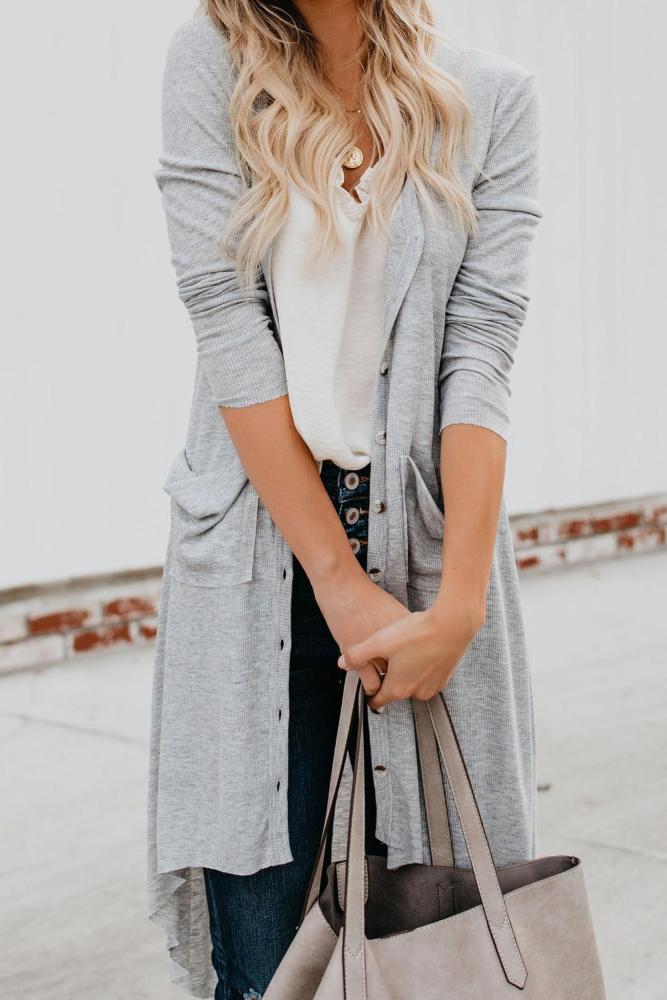 Light Gray Selected Button Down Pocketed High Low Cardigan