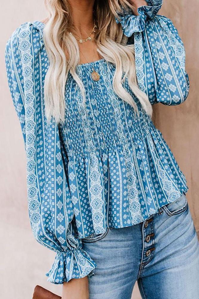 Sky Blue Bohemian Print Shirred Bodice Tunic Top