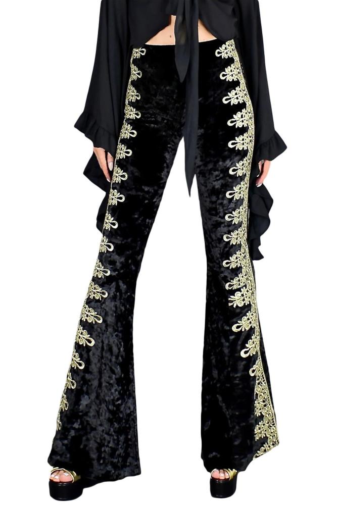 Gold Lace Stitching Velvet Flare Pants