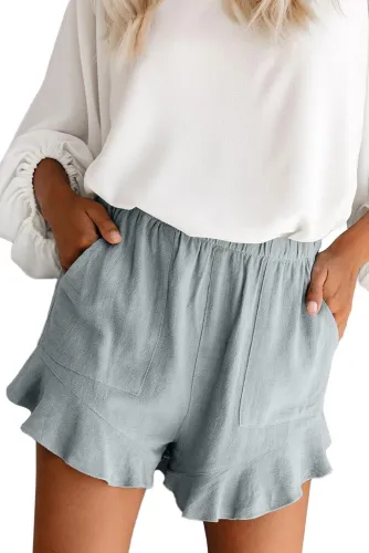 Gray Blue Linen Cotton Pocketed Flutter Shorts