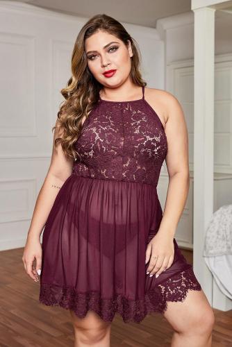 Red Plus Size Sexy Mesh Lace Babydoll with Matching Thong