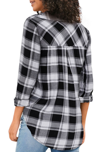 Black V Neck Roll up Sleeve Button Down Plaid Pattern Shirt