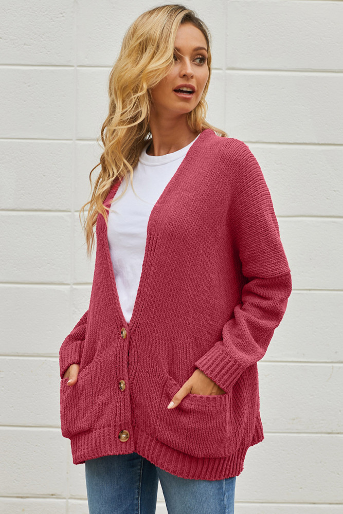 Red Oversize Button Front Cardigan