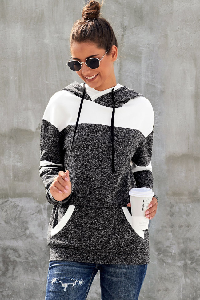 Black Color Block Pullover Hoodie with Pocket