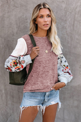 Pink Contrast Printed Sleeve Knit Sweatshirts