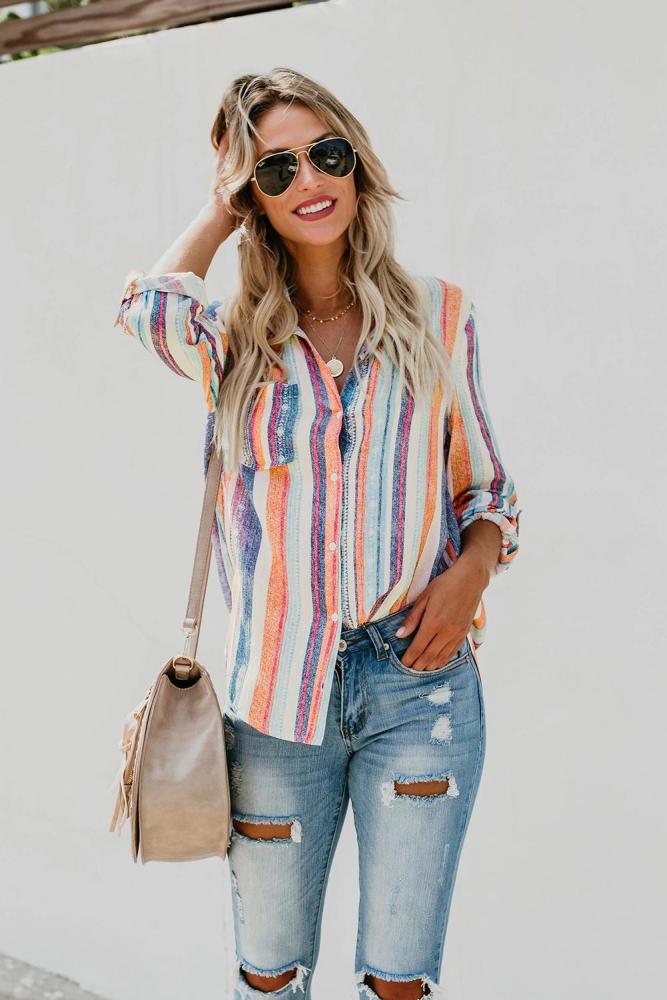 Orange Sweet Enough Striped Button Down Top